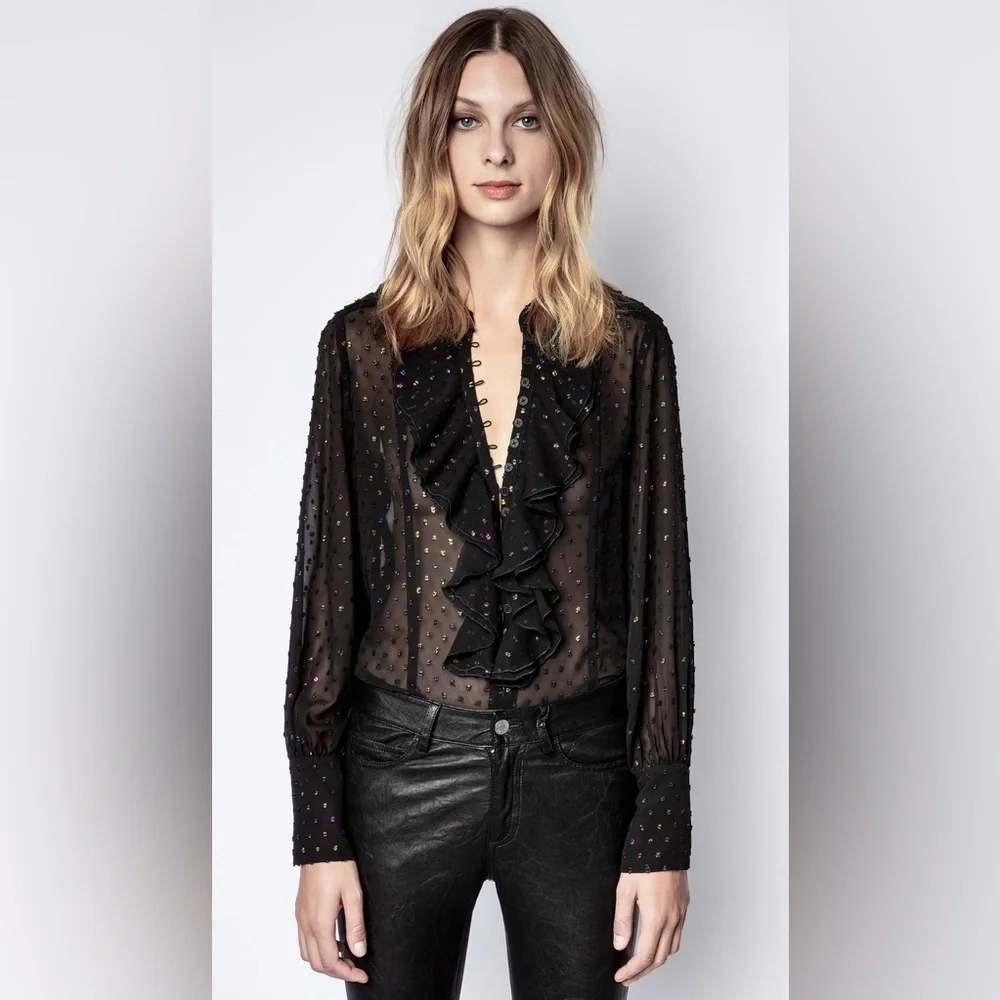 Zadig & Voltaire Twin Mousseline Swiss Dot Ruffle Blouse Black WJCP3514F Small - Picture 1 of 12